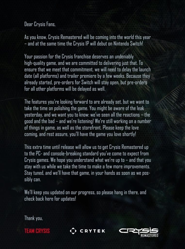 Image 1 : Face aux critiques, Crytek décide de reporter Crysis Remastered !