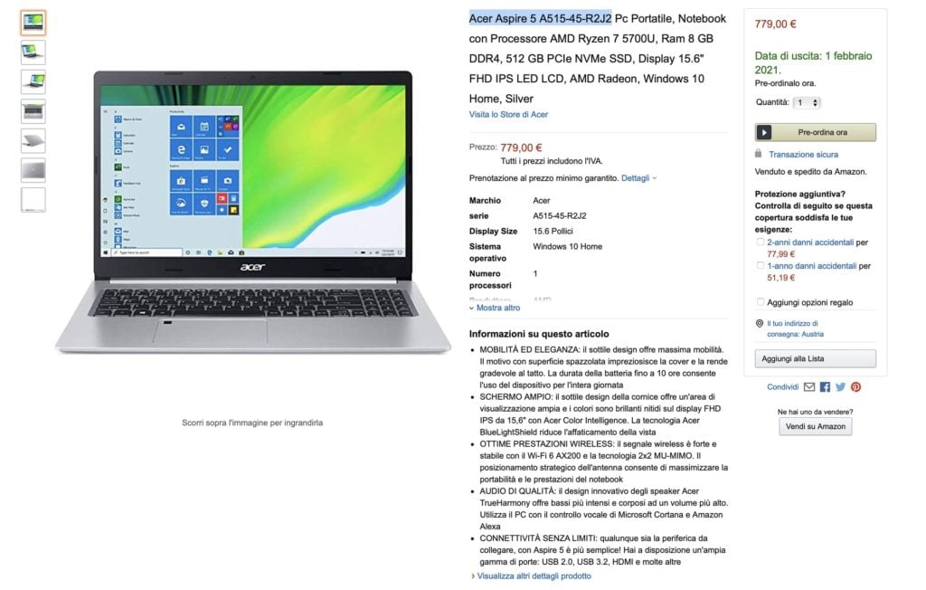 Image 1 : Un PC portable Acer équipé d’un processeur Ryzen 7 5700U repéré sur Amazon