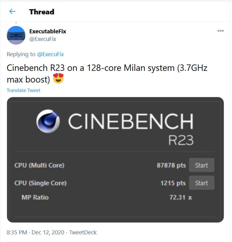 Image 1 : Deux processeurs EPYC Milan à 64 cœurs s’entraînent sur Cinebench R23