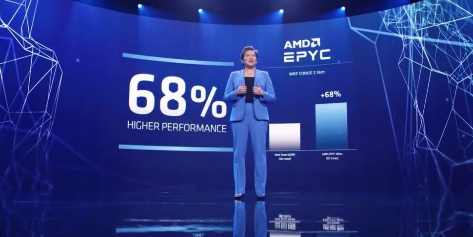 Image 1 : Selon AMD, une puce EPYC Milan à 32 cœurs est 64 % supérieures à un Xeon à 28 cœurs sur WRF