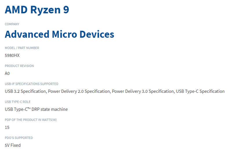 Image 1 : Un Ryzen 7 5700G et un curieux Ryzen 9 5980HX listés par l’USB-IF