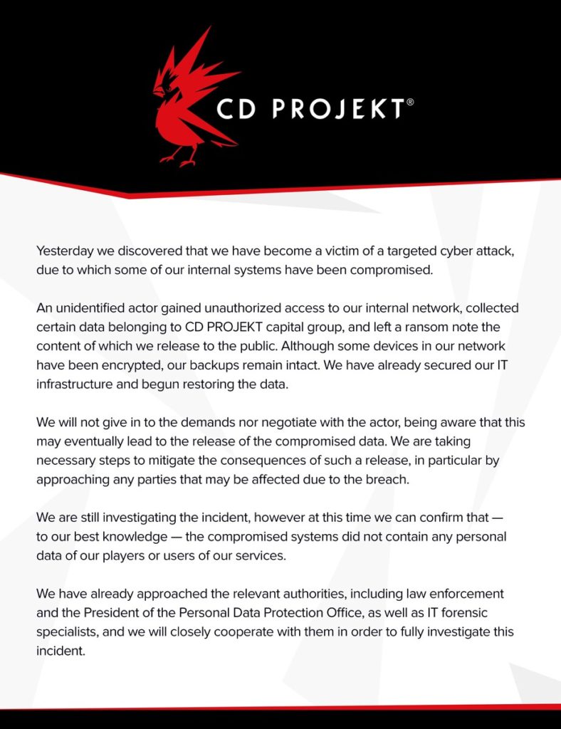 Image 1 : CD Projekt victime d’un piratage : les codes sources de The Witcher 3 et Cyberpunk 2077 dérobés